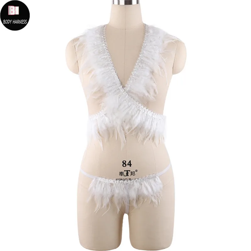 White Cross Feather Cage Bra Feather G-string Body Harness Set Dance Clothing Sexy Women Cosplay Angel Lace Top Bondage Harness