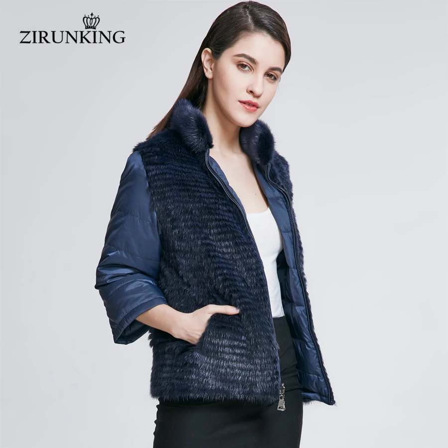 ZIRUNKING Real Mink Fur with Down Jacket Lady Reversible Natural Mink Fur Female Blue Stripe High Quality Fur Clothing ZC1808