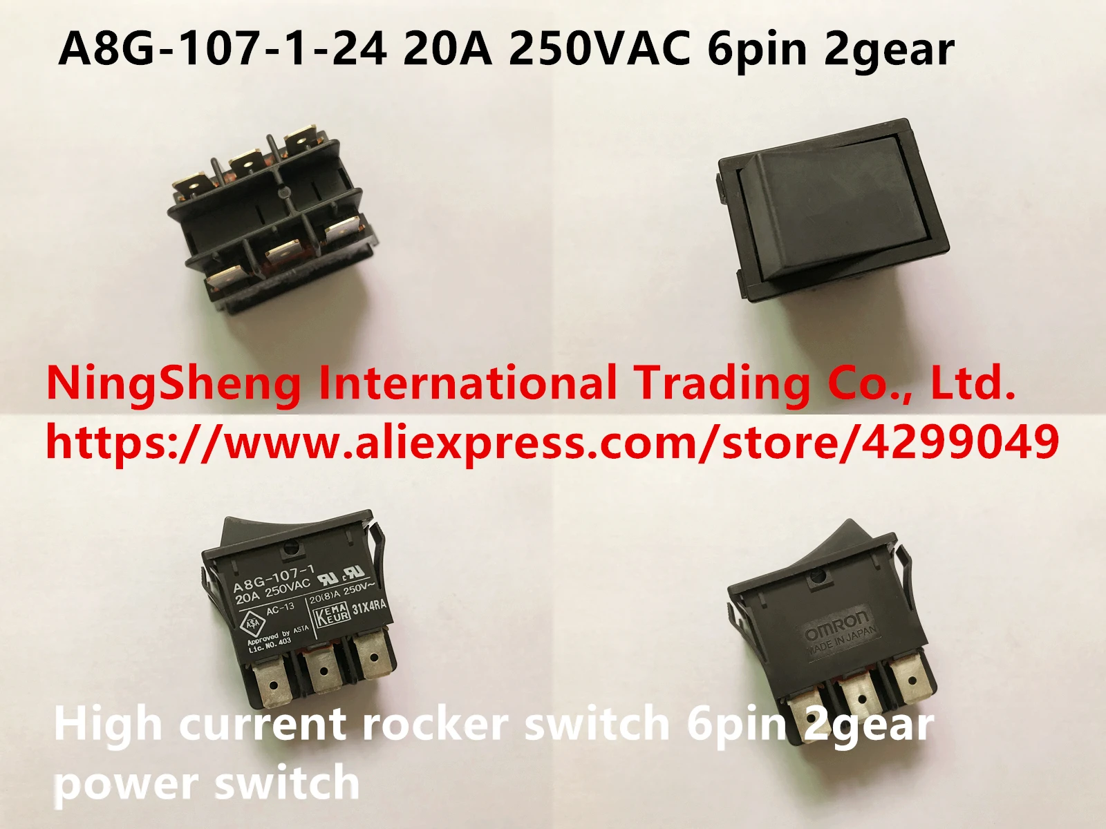 

Original new 100% A8G-107-1-24 20A 250VAC high current rocker switch 6pin 2gear power switch