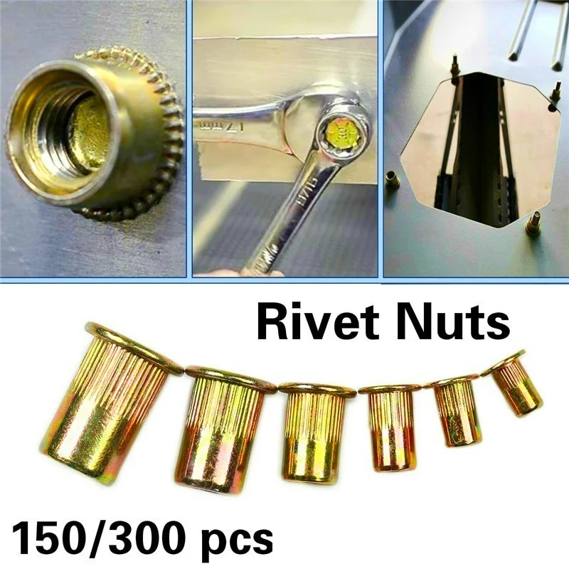 150PCS Carbon Steel Rivet Nuts Flat Head Rivet Nuts Set Nuts Insert Riveting Set M3 M4 M6 M8 M10