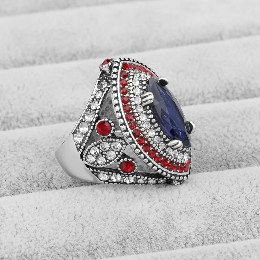 2020 New Fashion Blue Big Rings For Women Silver Color Mosaic Red Crystal Vintage Wedding Ring Jewelry