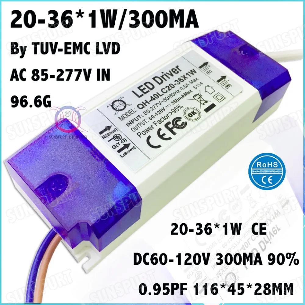 

5 Pcs By TUV-CE BOX 40W AC85-277V LED Driver 20-36x1W 300mA DC60-120V Constant Current LED Power For Ceiling Lamp Free Shipping