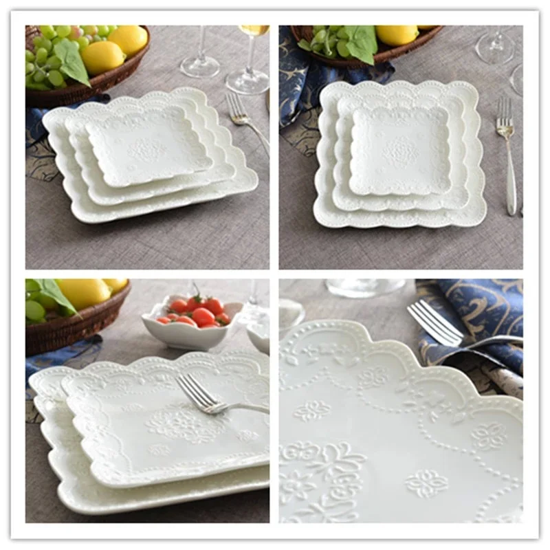 European embossed home China ceramic square plate breakfast dessert plate butterfly plate dish afternoon tea fruit plate wedding