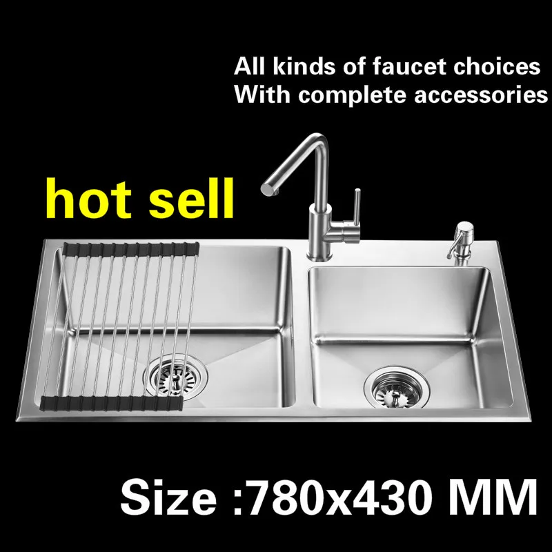 Free shipping Manual double groove kitchen sink 1.2 mm food grade 304 stainless steel standard hot sell 780x430 MM