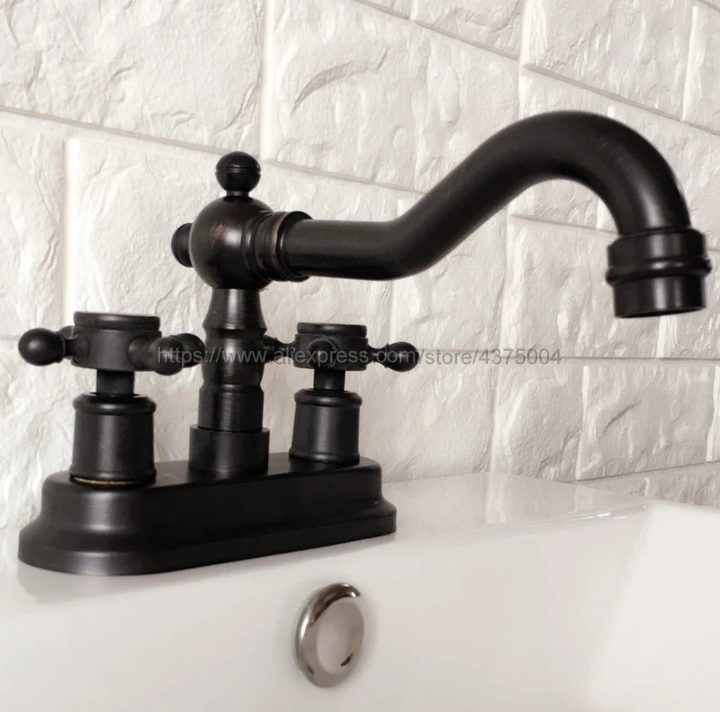 Oil Rubbed Bronze Double Handle Bathroom Wash Basin Mixer Taps / 2 Hole Deck Mounted Swivel Spout Vessel Sink Faucets Nhg073