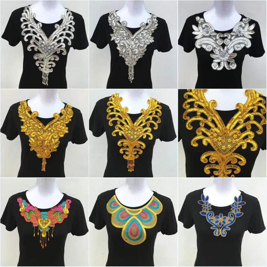 1pc Gold/Silver Beads Sequins Flower Lace Neckline Collar Sewing-On Embroidery Appliques For Dance Costumes Cloth Accessories