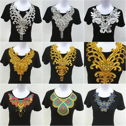 1pc Gold/Silver Beads Sequins Flower Lace Neckline Collar Sewing-On Embroidery Appliques For Dance Costumes Cloth Accessories