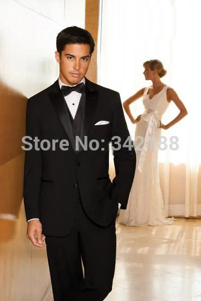 

Custom Made Black Groom Tuxedos Peak Lapel Groomsmen Men Wedding Suit(Jacket+Pants+Tie+Vest)H504wedding men clothes