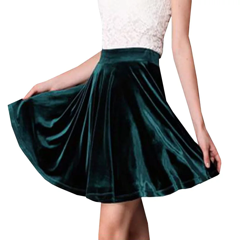 2017 New Spring Autumn Vintage Women Velvet Skirts High Waist Pleated Skirts Large Swing Elegant Party Mini Skirt Saias AB243