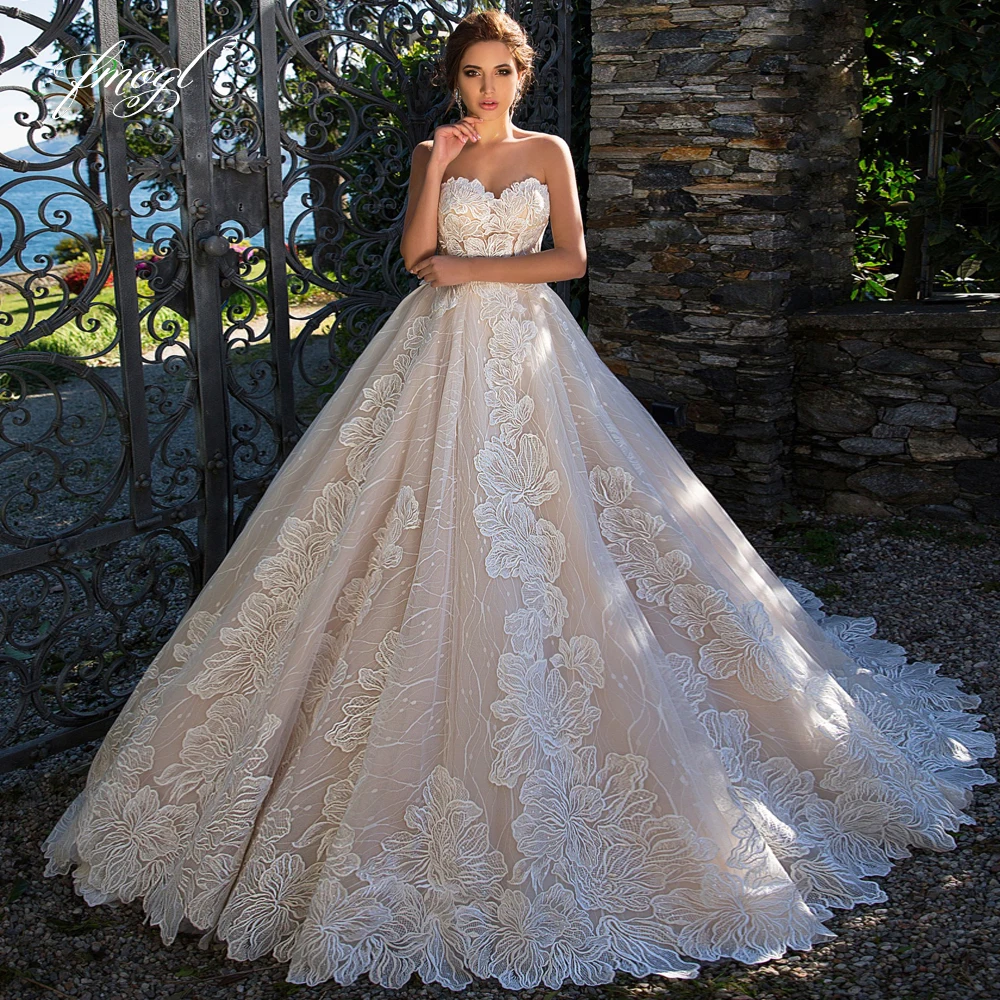 

Fmogl Vestido De Noiva Sweetheart Princess Wedding Dresses Sexy Backless Appliques Court Train Lace A Line Bride Gown
