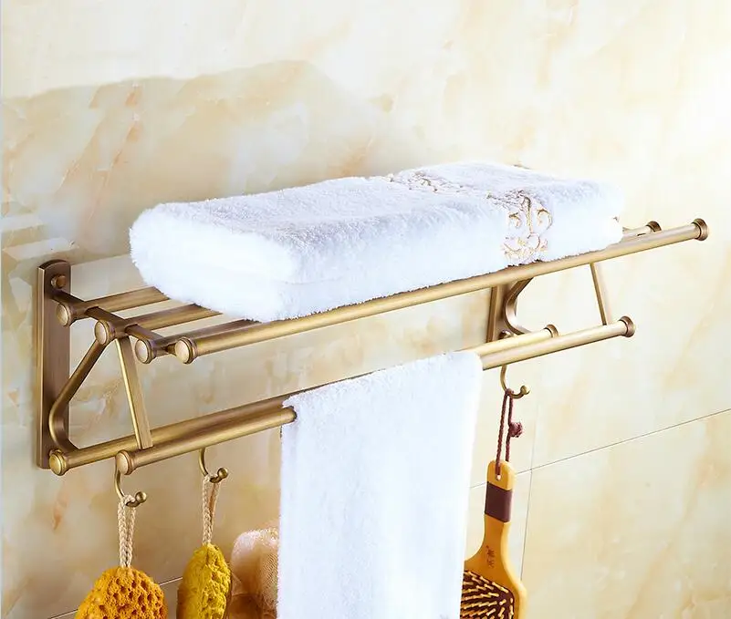 2 Style European Antique Brass bathroom shelves towel racks vintage, Fashion storage rack shelf with hooks wall mounted 55cm