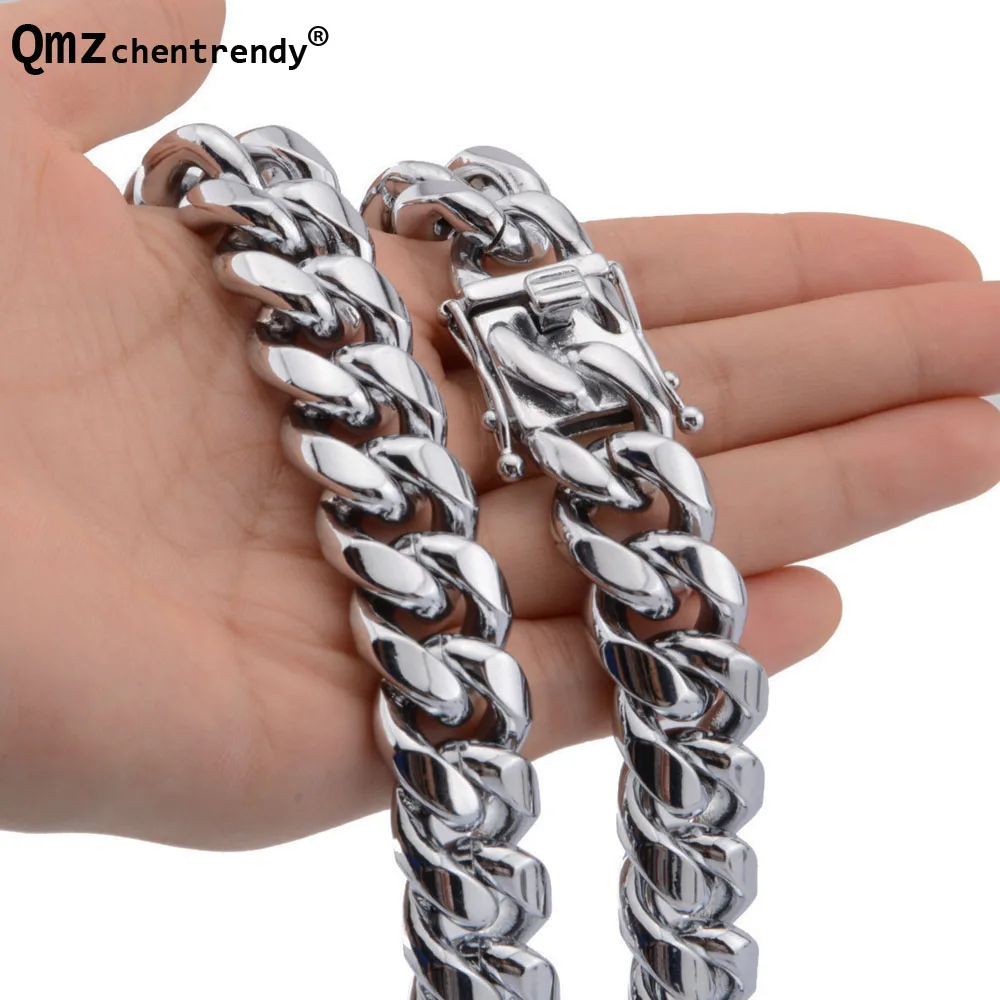 Hot Sell Stainless Steel Curb Miami Cuban Link Chains Neck Boys Mens Hip Hop Jewelry Double Safety Clasps High Polished Necklace