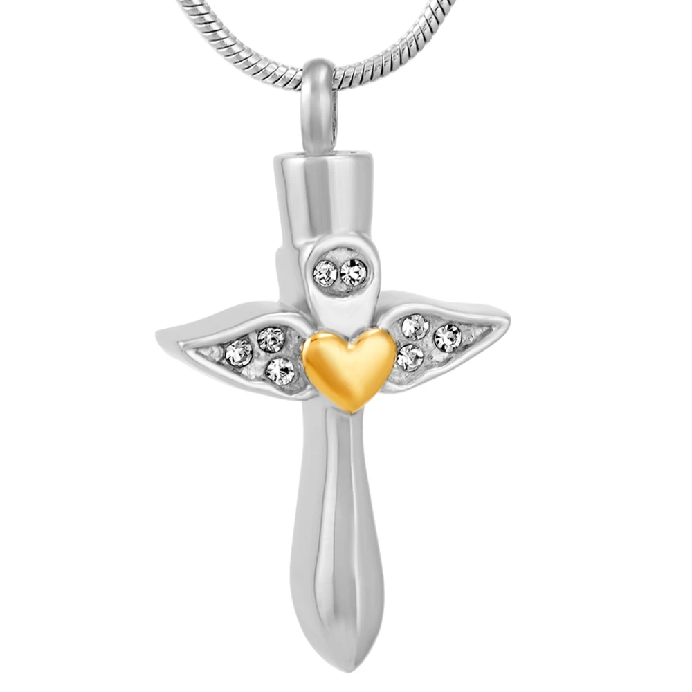 

MJD9712 Angel wings Cross Urn Jewelry Memorial Ashes Keepsake Stainless Steel Pendant with fill kit