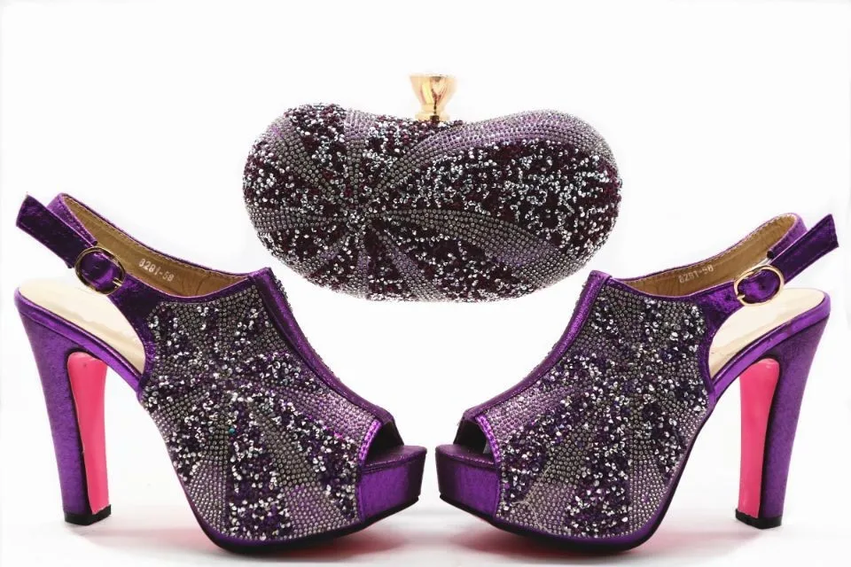 Fashionable purple women pumps with rhinestone decoration african shoes match handbag set for dress X30,heel 12CM