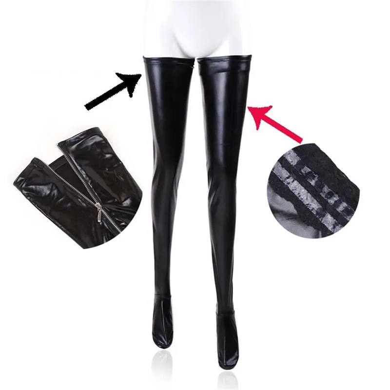 

Sexy Women Shiny Wet Look Thigh High Stockings Back Zipper Stay Up Leggings Latex Style Fetish Lingerie Costume