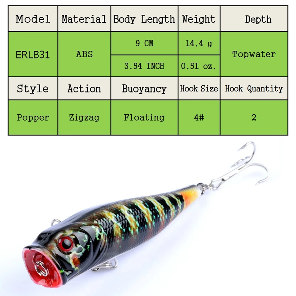 East Rain 9cm/14.4g 6pcs/Lot Painted Topwater Lure Popper for Freshwater Saltwater Fishing Artificial Hard Bait