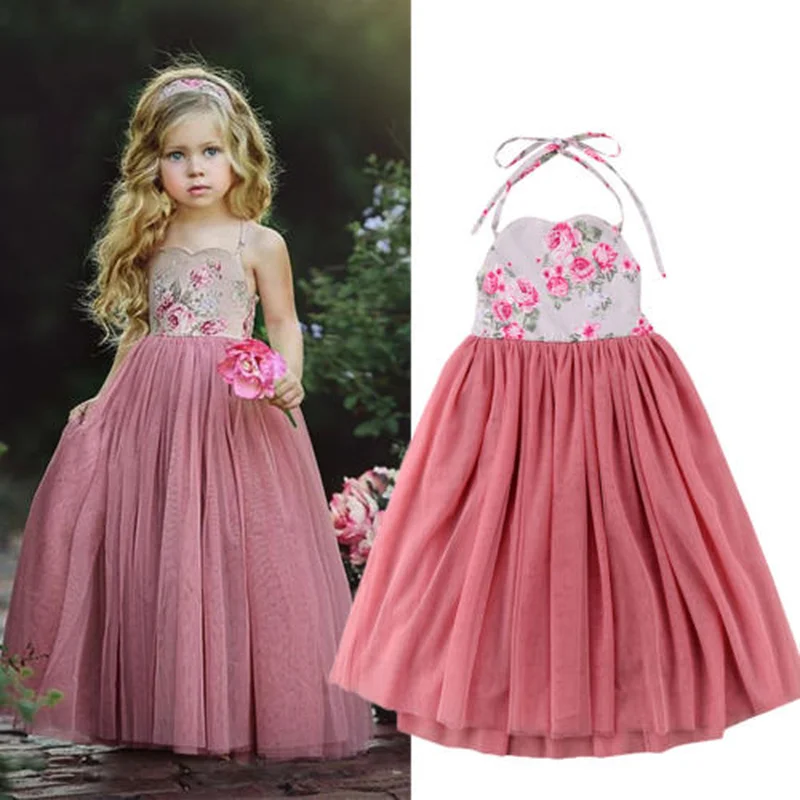 2019 New Princess Dress Kids Girl Pink Lace Flower Strappy Dress Maxi Long Princess Party Children Summer Ball Gown Formal Dress