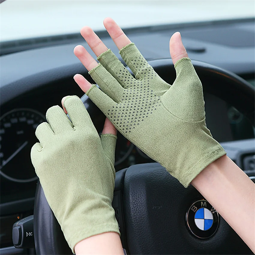 Suede Sunscreen Gloves Men and Women Summer Thin Short Half Finger Driving Anti-Slip Sweat Gloves 5-SZ007W