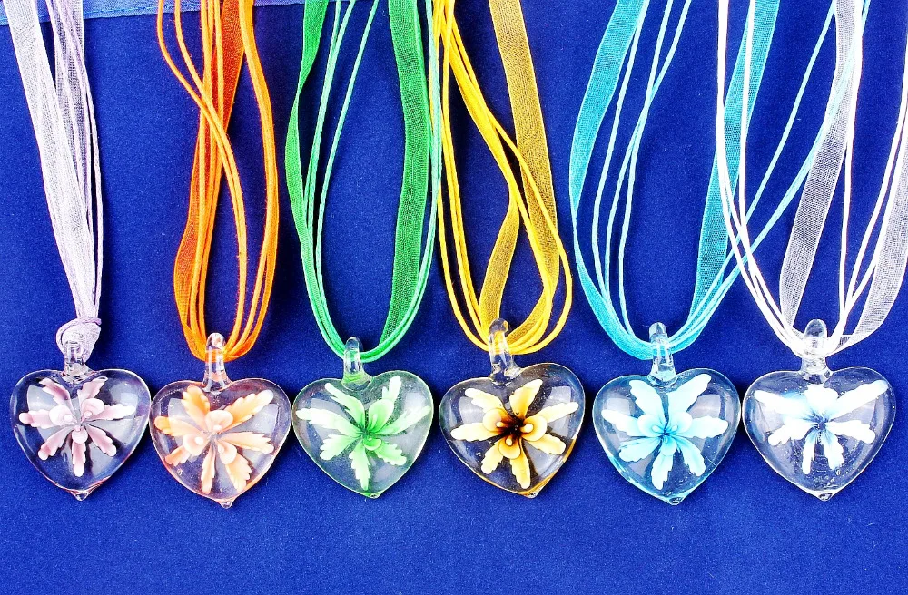 

Fashion Wholesale 6Pcs Handmade Murano Lampwork Glass Mixed Color Fantastic Transparent Heart Pendants Charms Necklaces