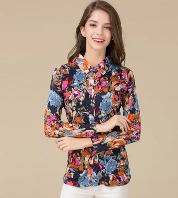 Real silk knit shirt big yards loose middle-aged women's clothing 100% mulberry silk flower long sleeve blouse