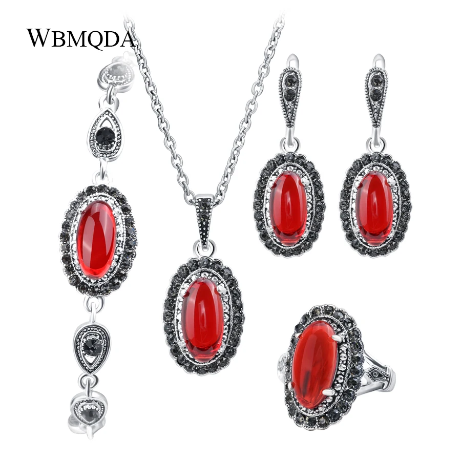 4 Pcs/lot New 2018 Vintage Tibetan Silver Color Jewelry Sets Retro Red Pendant Necklace And Earrings Bracelet Ring For Women