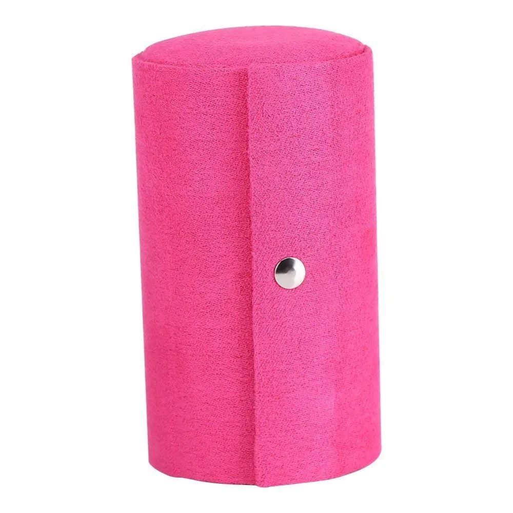 SZanbana Hot Pink Portable Travel Jewelry Storage Case Earring Hair Tie Box Holder Velvet Three-Layer Roll-up Cylinder Shape