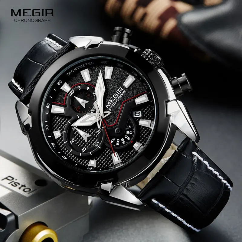 MEGIR Men\'s Top Brand Quartz Watches Leather Chronograph Quartz Wristwatch Military Sports Relogios Masculino relojes 2065 Black