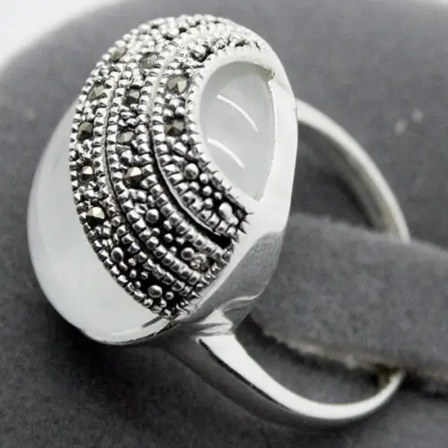 2 color Pretty White Cat Eye Stone Opal Marcasite 925 Sterling Silver Ring Size 6-9