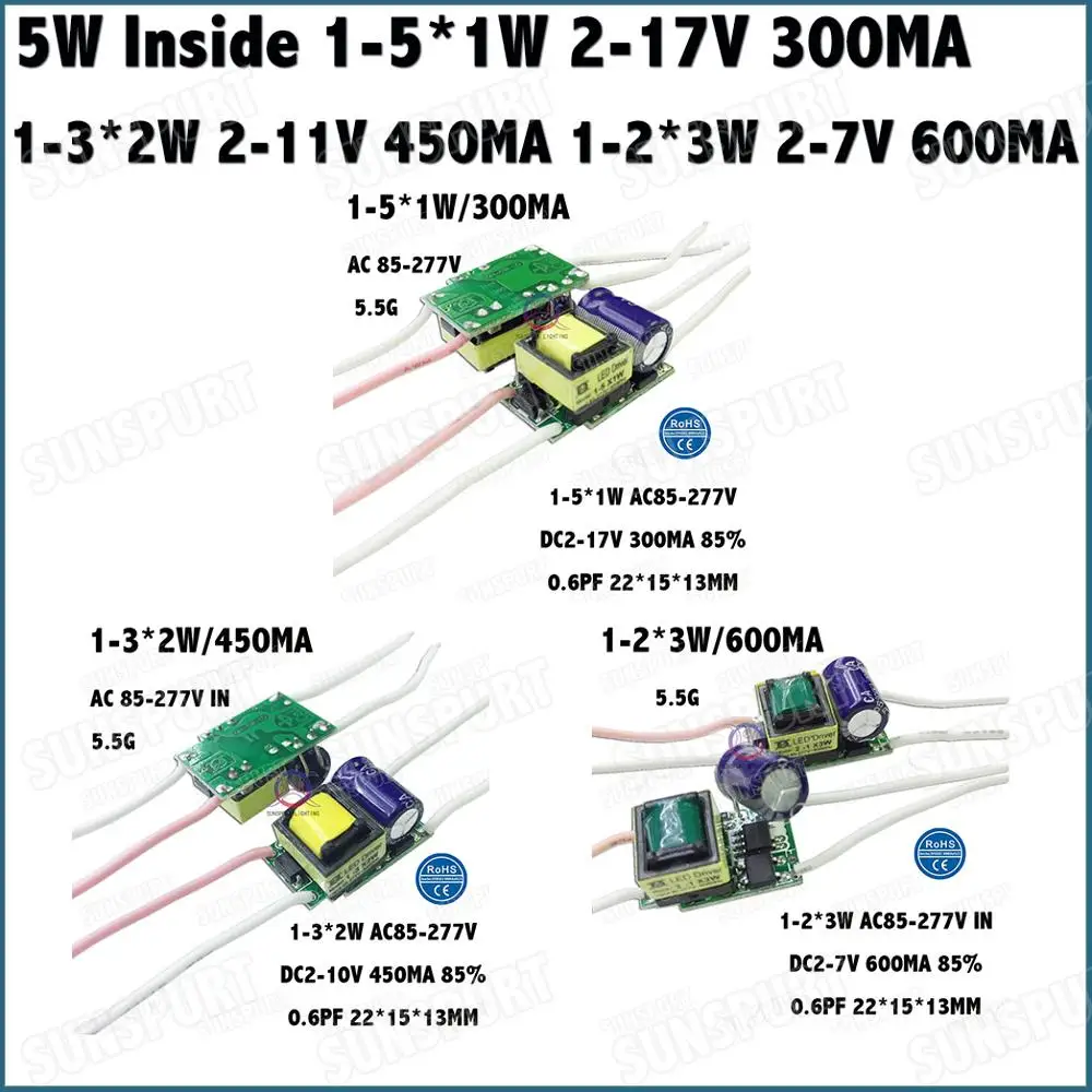 5-100Pieces Inside External IP67 5W AC85-277V LED Driver 1-5*1W 1-3*2W 1-2*3W 300-600MA DC2-17V Constant Current Free Shipping