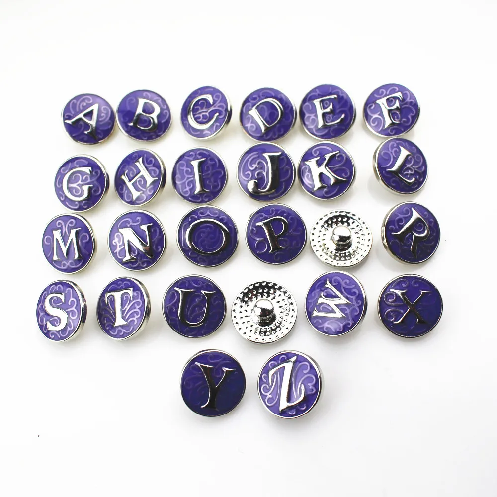 New Arrive 26pcs/lot Purple A-Z Alphabet Letters Snap Buttons Charms Jewelry Ginger fit 18mm Jewelry Fitting