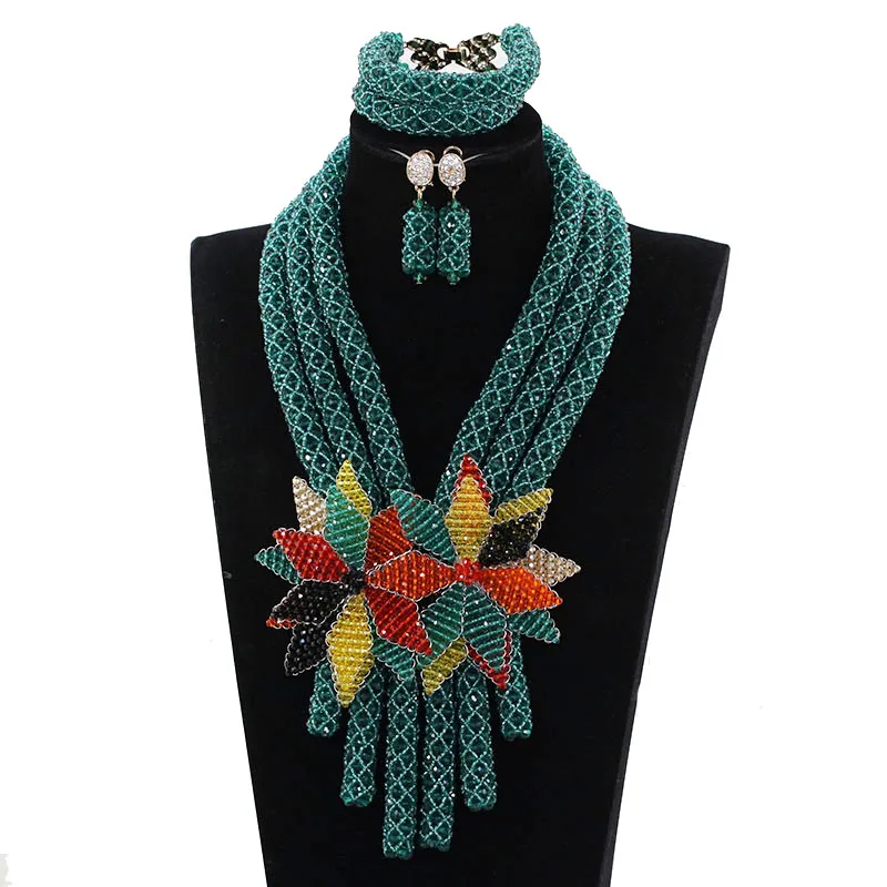 

Teal Green Crystal Flower Pendant Bib Necklace Set Fashion African Women Party Jewelry Set Bride Beads Gift Free Shipping ABH582