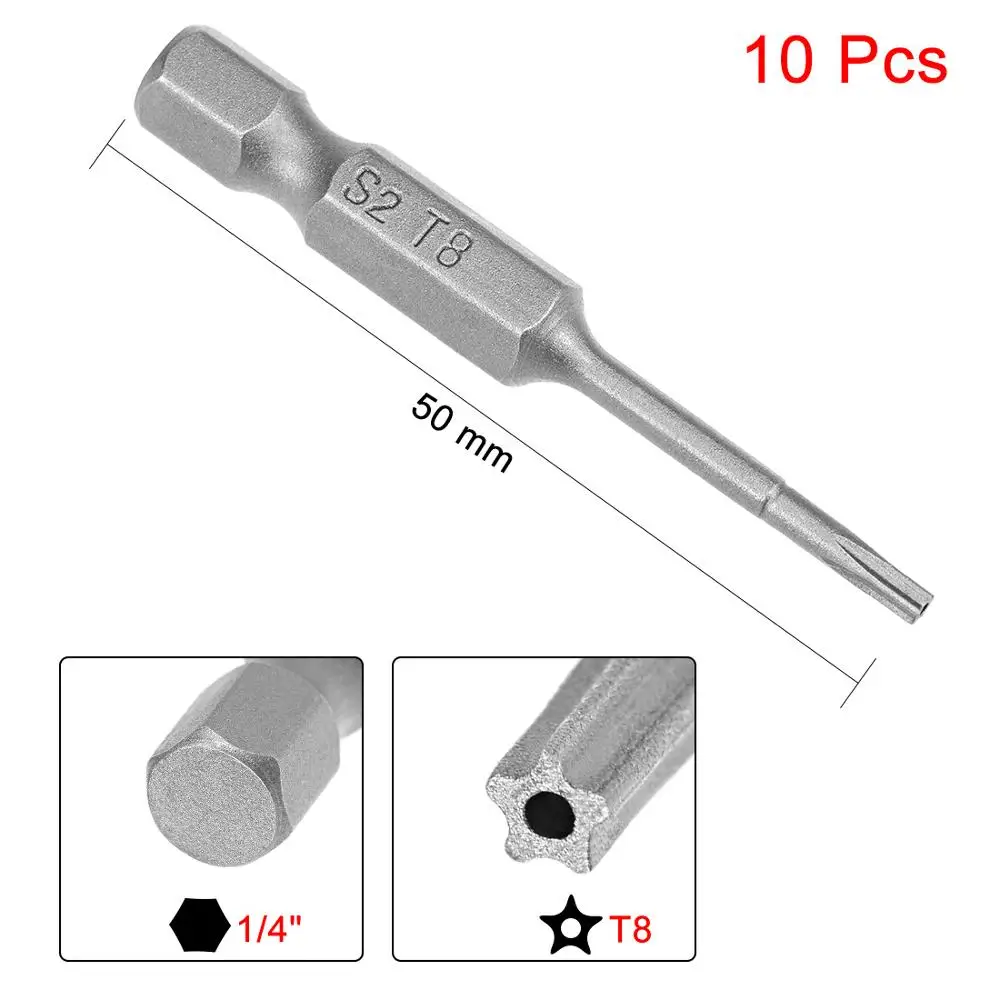 Puntas de destornillador de cabeza de seguridad de estrella magnética, vástago hexagonal S2 de 1/4 ", 10 piezas, 50mm, T10, T15, T30, T27, T40, T8