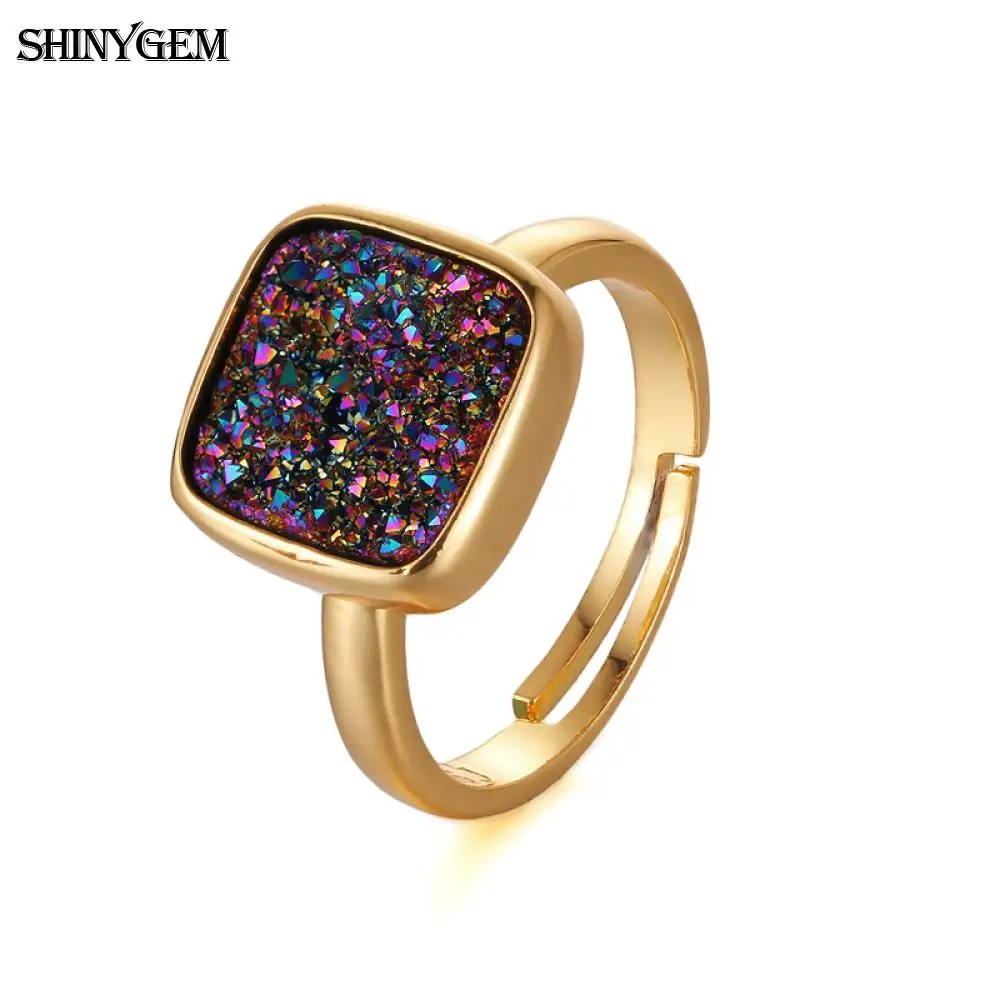 

ShinyGem Fashion Gold Plating Crystal Rings Blue/Rainbow/Opal Square Druzy Open Rings Unique Engagement Wedding Rings For Women