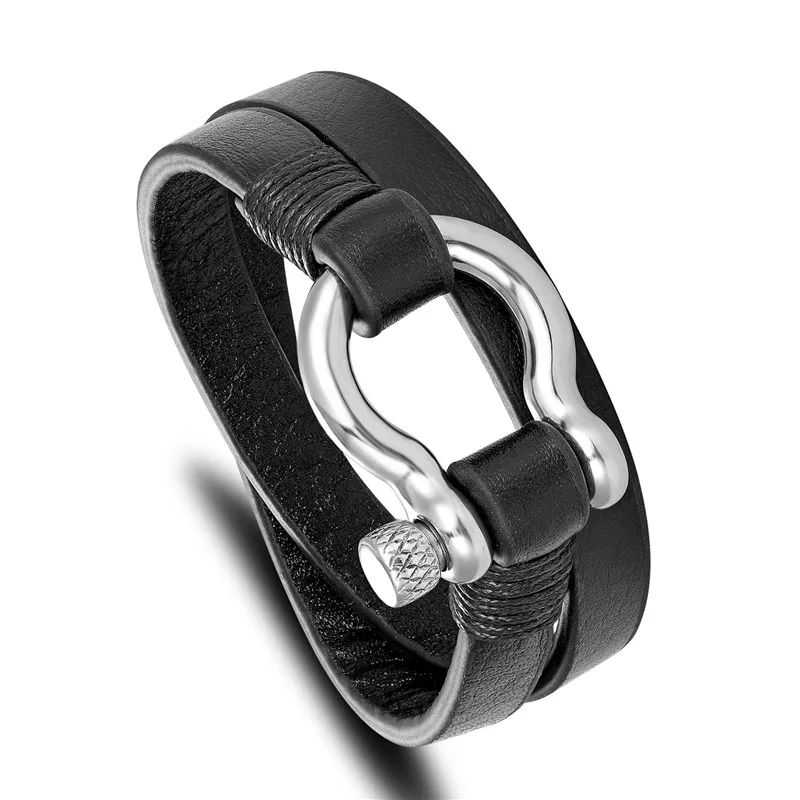 MKENDN New Fashion Stainless Steel Shackle Buckle Leather Survival Bracelet Men Surf Nautical Sailor Surfer Wristband Jewelry