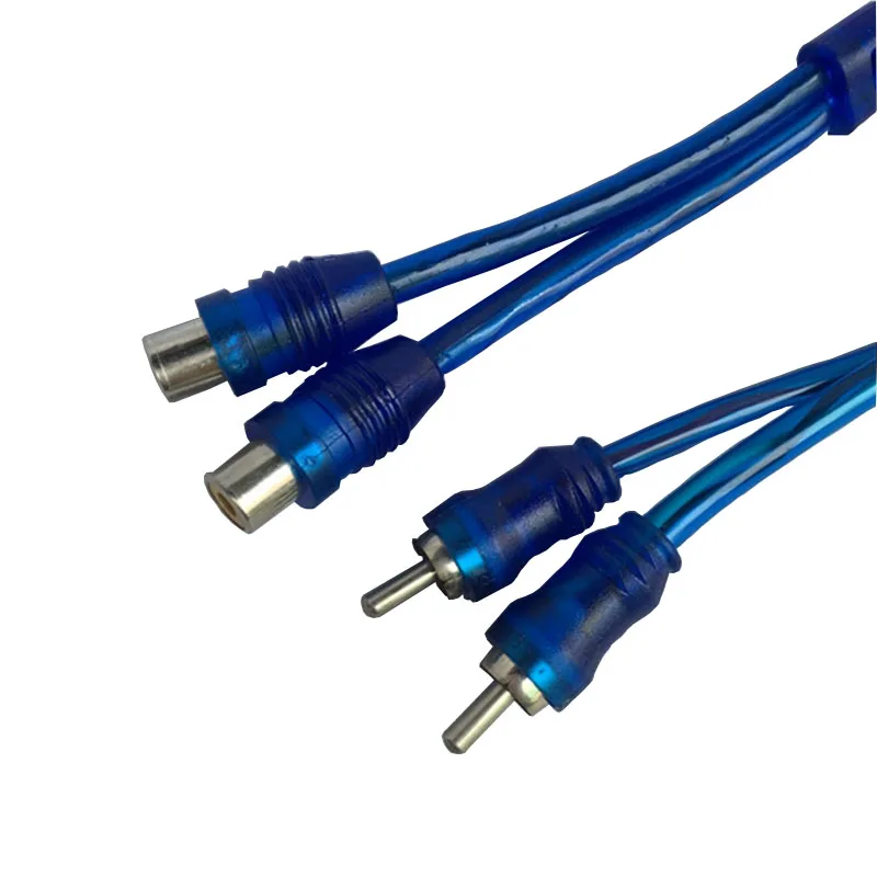 Hot Selling 2PCS 200mm PVC Car Audio Amplifier Wiring Kit RCA One Female Two Male Lotus line Bare Copper Wire Blue