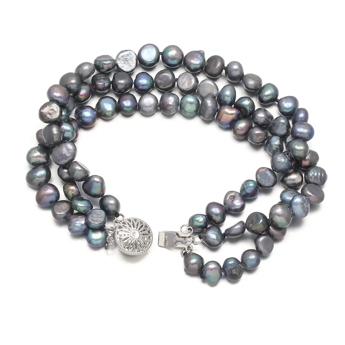 7-8mm Black Baroque 3 Rows Natural Freshwater Pearl Bracelets Jewelry Bangle for Women and Men