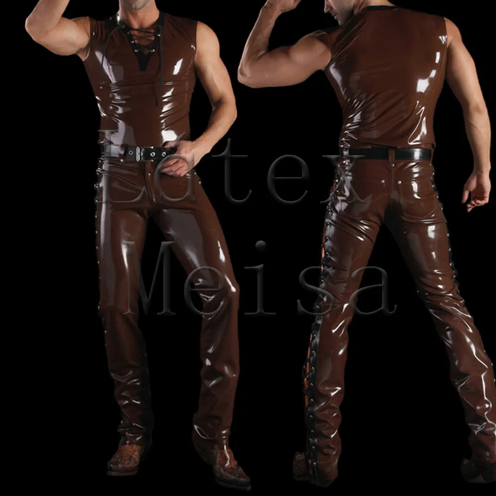 

Men's brown tight latex clothing set including vest top and trousers with lacing decorations