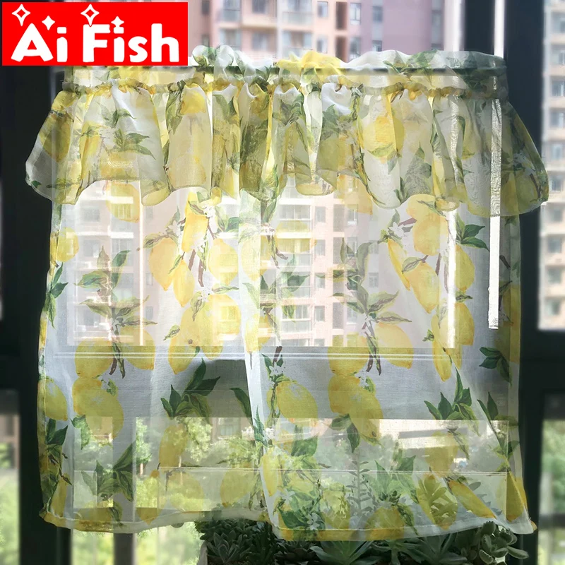 Pastoral Country Yellow Lemon Print Kitchen Decoration Short Curtain Screen Tulle Drape Curtain For Living Room Bay Window #4