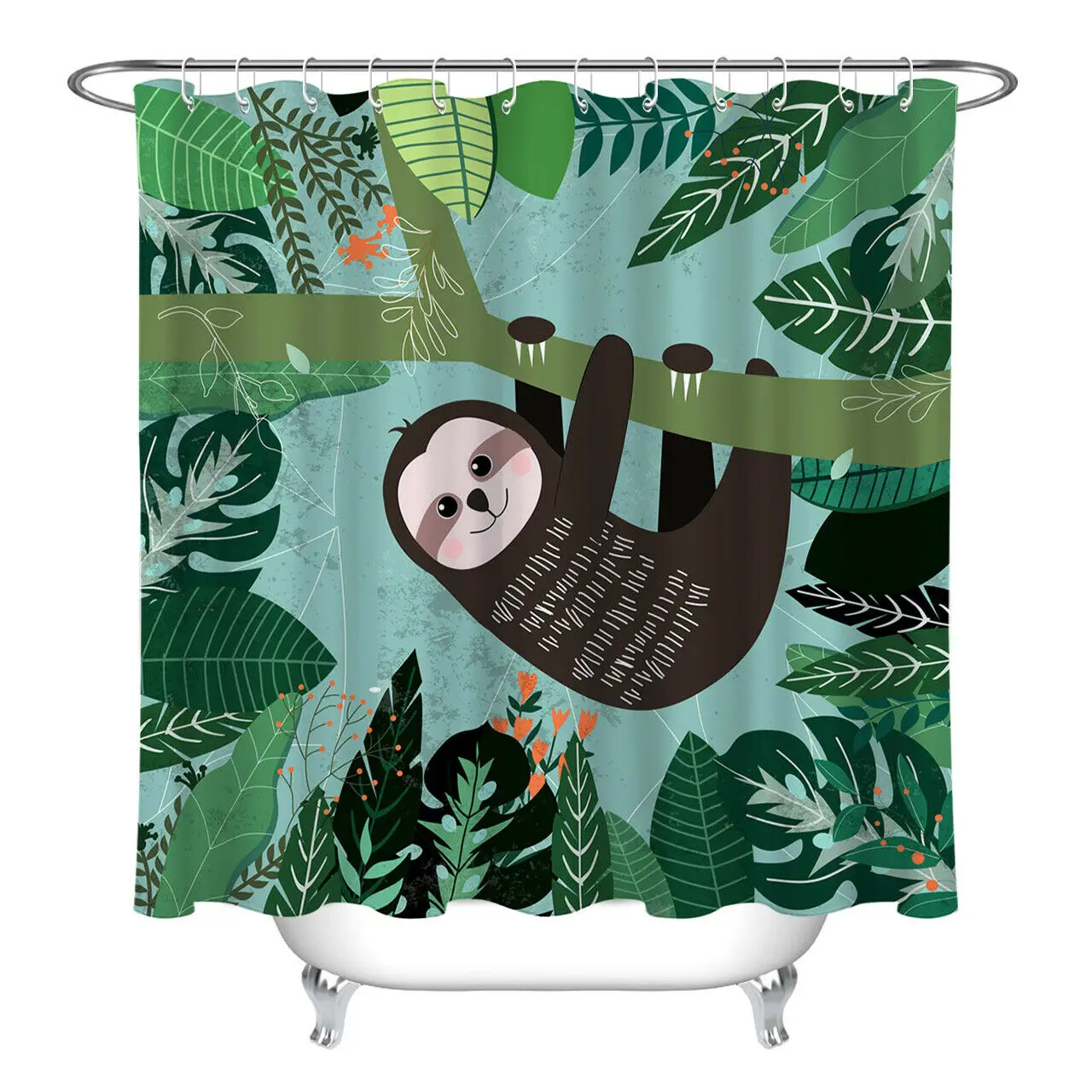 Tropical Green Leaves Frame Funny Sloth Shower Curtain Set Waterproof Fabric 72