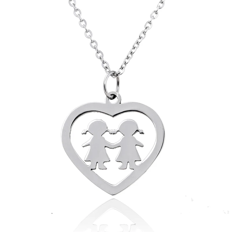 Fashion Figure Boy & Girl in Heart Pendant Necklace Stainless Steel Children Kids Necklace Gold Silver Color Chain Charm Choker