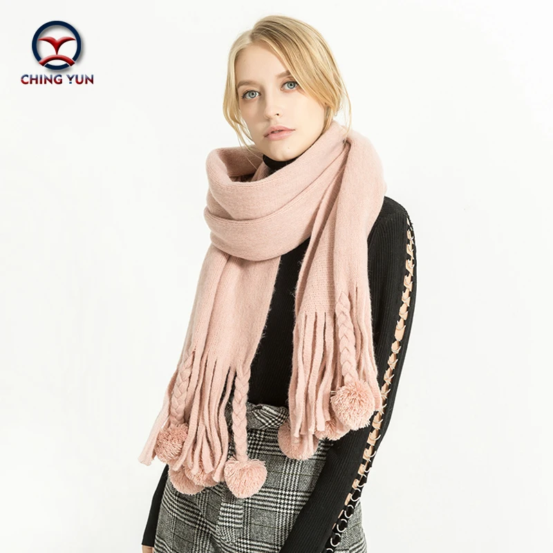 

CHING YUN New winter pure cashmere fringed ball decorative scarf fashion woman warm scarf lady shawls wholesale La bufanda