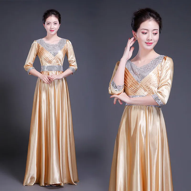 

New adult high-end atmospheric women's Seven-quarter sleeve dress Slim chorus group stage performance host sequin clothing