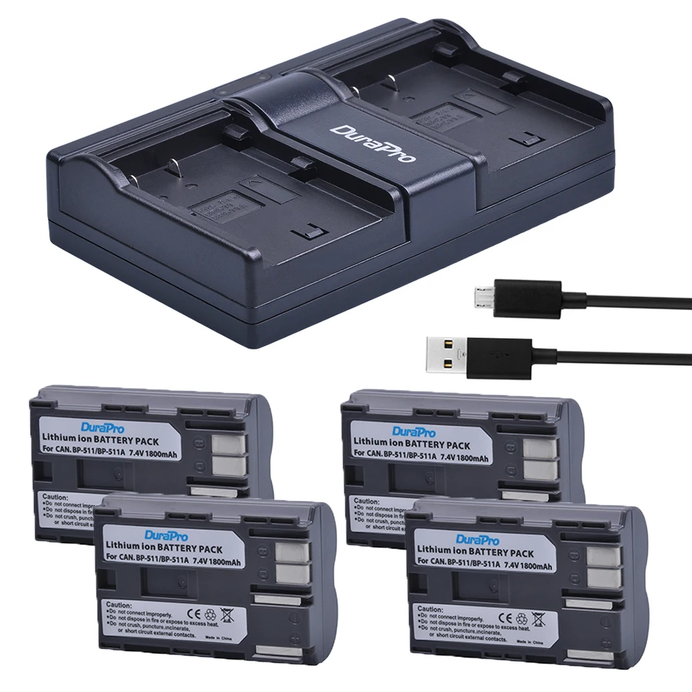 DuraPro 1800mAh BP-511 BP 511 BP-511A Battery + USB Dual Charger for Canon BP-511  EOS 50D 40D 30D D60 D30 5D MV300i