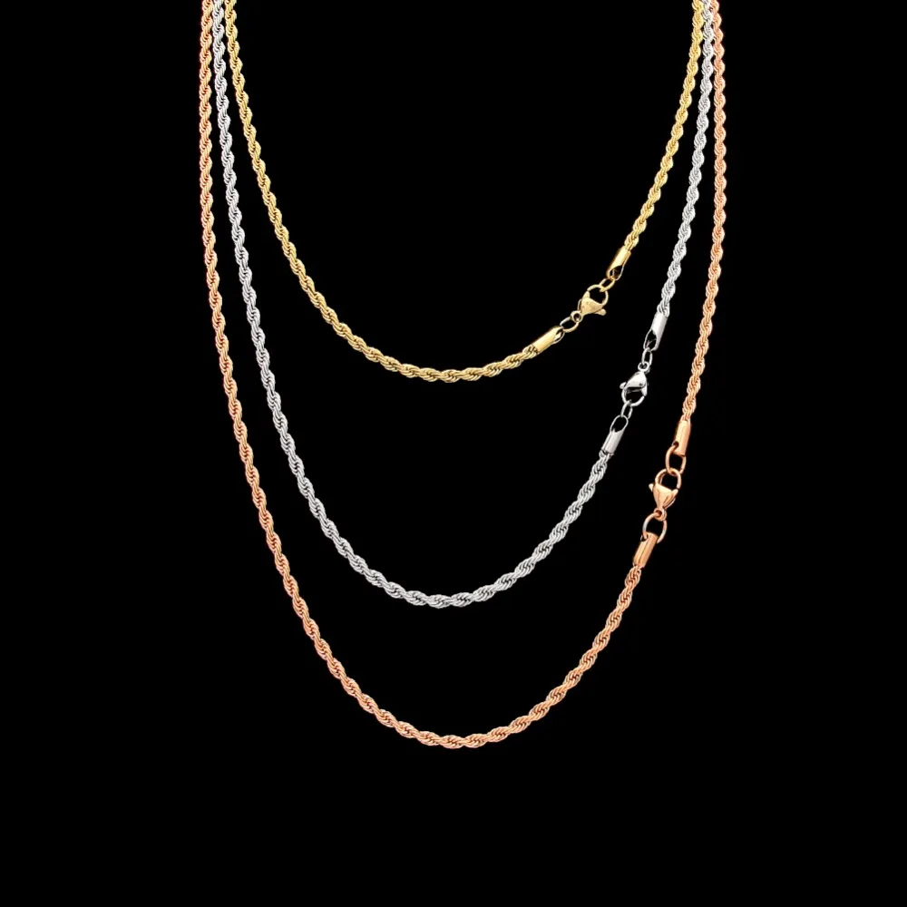 Stainless Steel 3mm Rope Chain Necklace 18inch 22inch Gold Silver Color High Quality Hiphop Fashion Jewelry For Men/Women