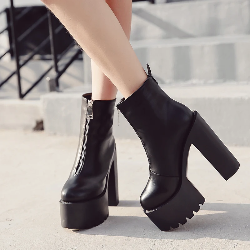 Gdgydh Fashion Autumn Women Ankle Boots Leather Black Female High Heels Shoes Ultra High Platform Heels Round Toe Lady Shoe