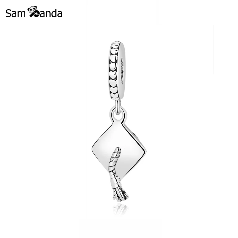 Original 100% 925 Sterling Silver Charm Bead Graduation Pendant Mortarboard Hat Charms Fit  Bracelets DIY Women Jewelry