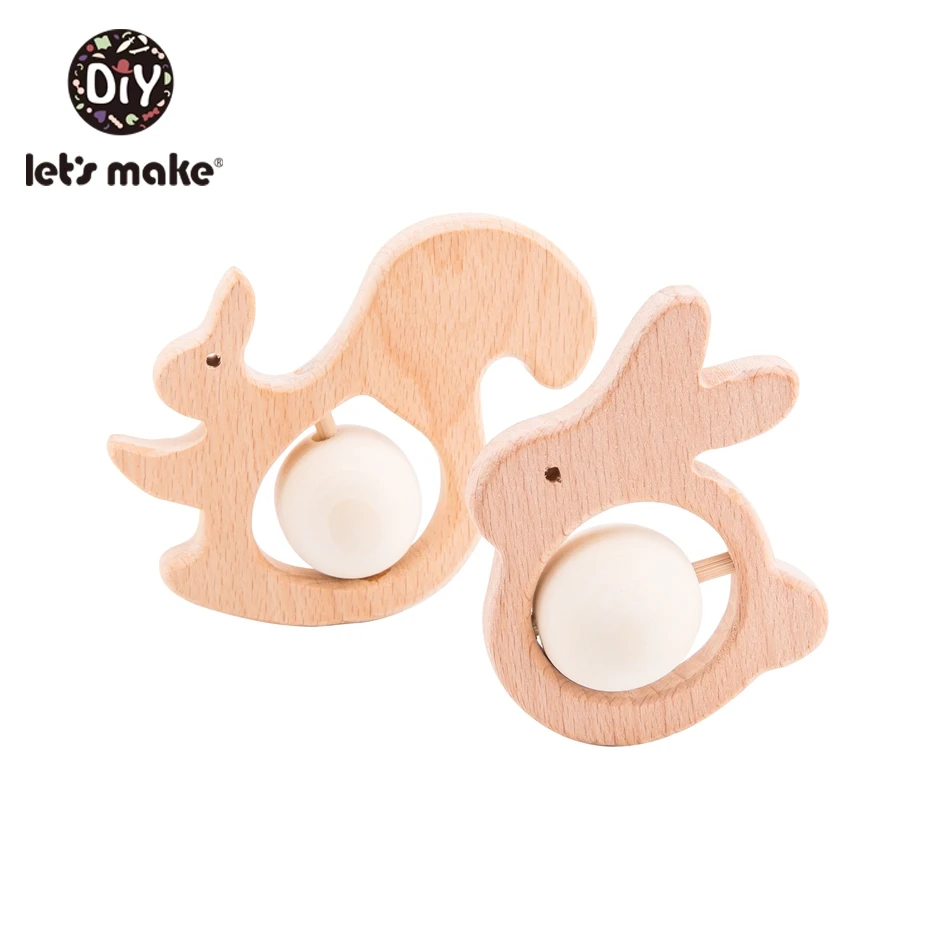 Let's Make 5pc Wooden Teether Natural Beech Wood Teething Toy Soft Infant Crib Bed Stroller Toys Baby Gift Diy Pendant