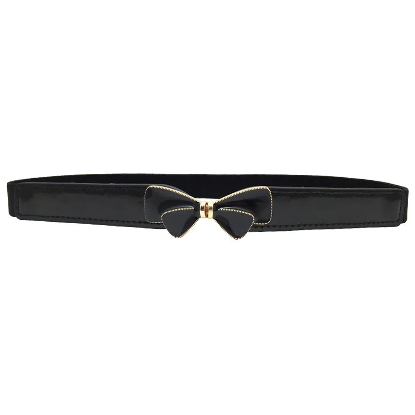 Women Black Leather Belt Lady Bowknot thin Waistband Elastic  Fashion white enamel Bow buckle Belt Dress Accessories Cummerbunds