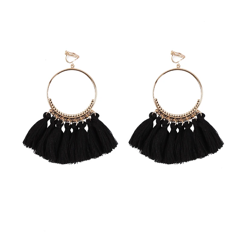 Bohemian Long Tassel Clip On Earrings No Pierced for Women Vintage Round Trendy Cotton Rope Fringe 2018 Fashion Jewelry Ear Clip