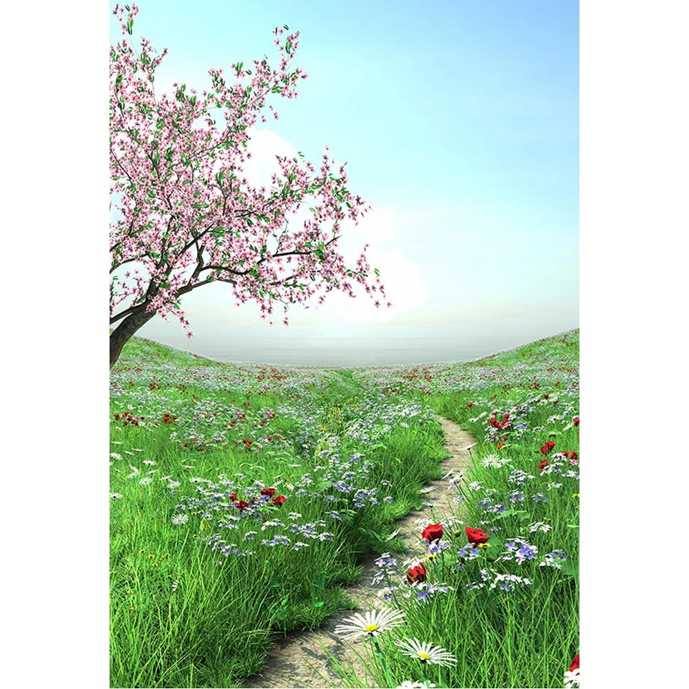 

Pink Peach Tree Spring Garden Backdrop Photography White Red Blue Flowers Sea Outdoor Scenery Kids Party Themed Photo Background